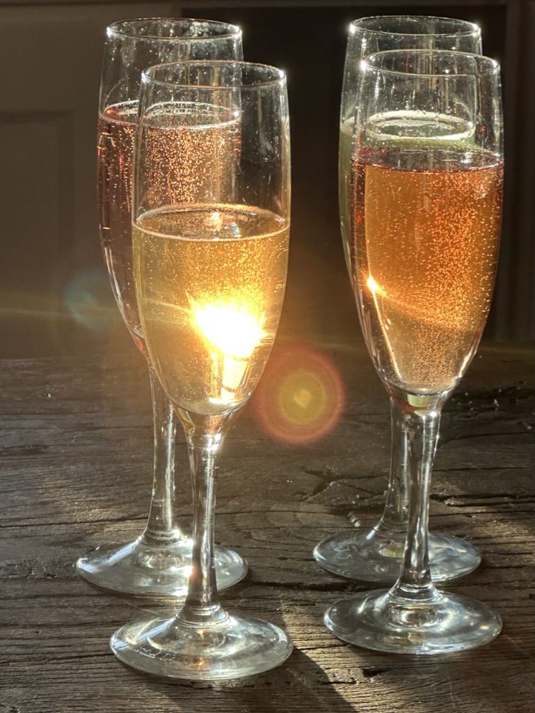 Sloe liqueur poured into champagne flutes, backlit by the evening sun