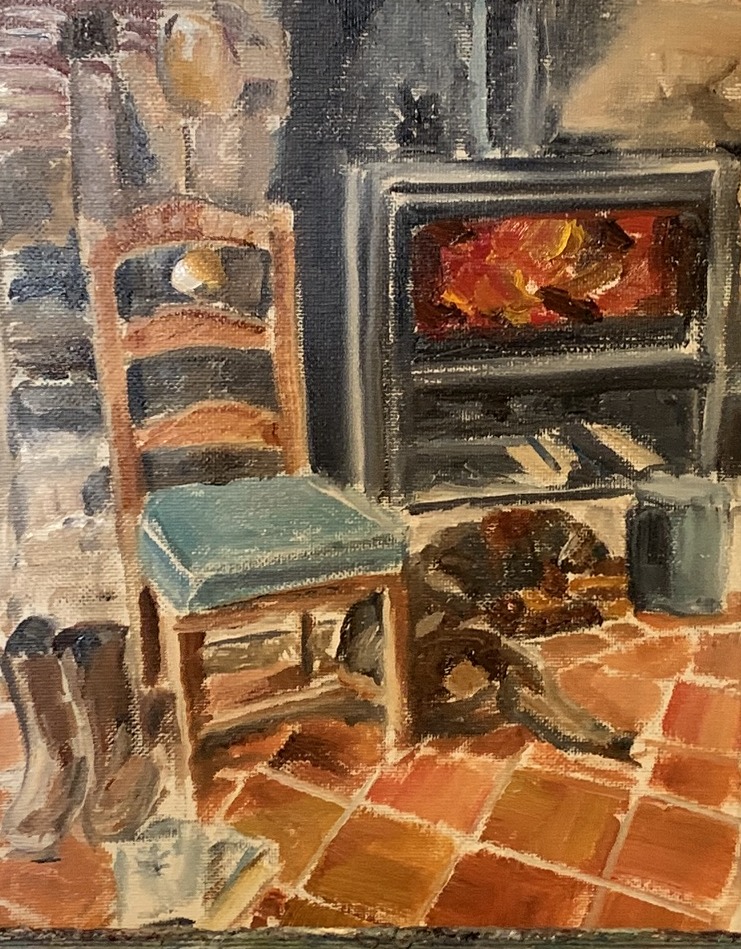 Au coin du feu — peinture à l'huile originale du poêle à bois et de la chaise au Château de Séailles